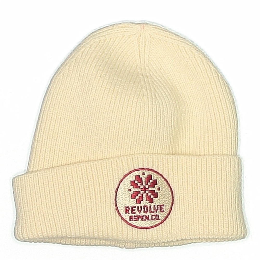 REVOLVE Cream Ribbed Beanie with Red Embroidered Logo